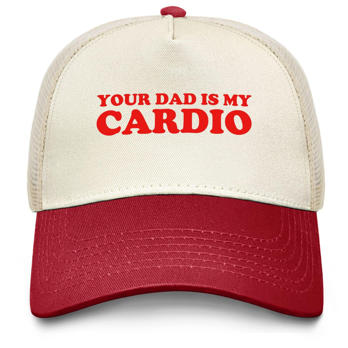 Sefgaen Your Dad Is My Cardio Trucker Hat front view with denim wash for retro style.