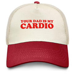 Sefgaen Your Dad Is My Cardio Trucker Hat front view with denim wash for retro style.