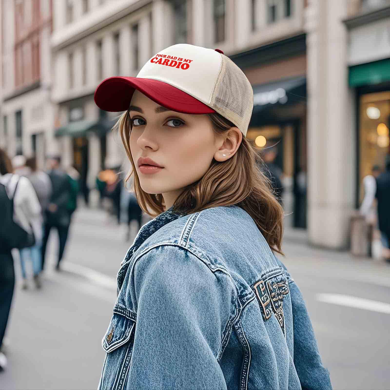 Sefgaen Your Dad Is My Cardio Trucker Hat mesh closeup highlights breathable panels.