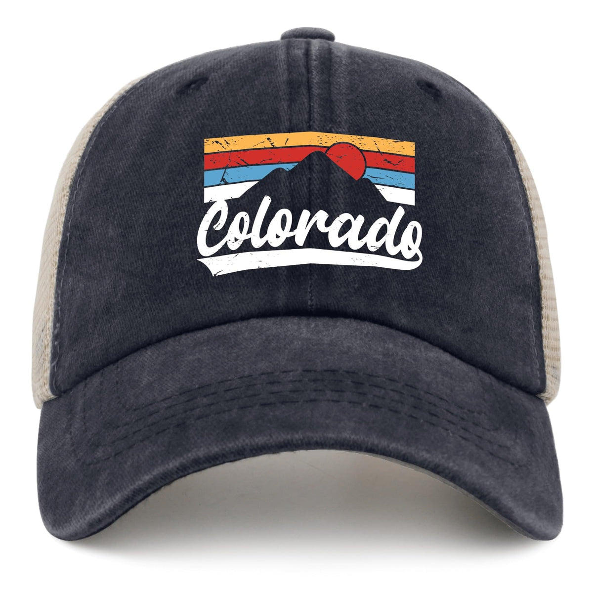 Sefgaen Colorado Mountains trucker hat front view, breathable mesh keeps you cool on summer hikes