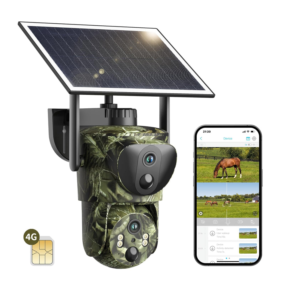 SEHMUA trail camera dual-lens linkage front view for multi-angle wildlife footage.