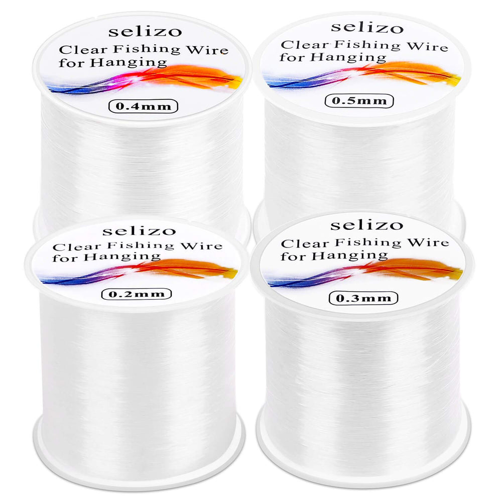 Selizo clear fishing wire packaging showing 4 rolls for hanging and crafts