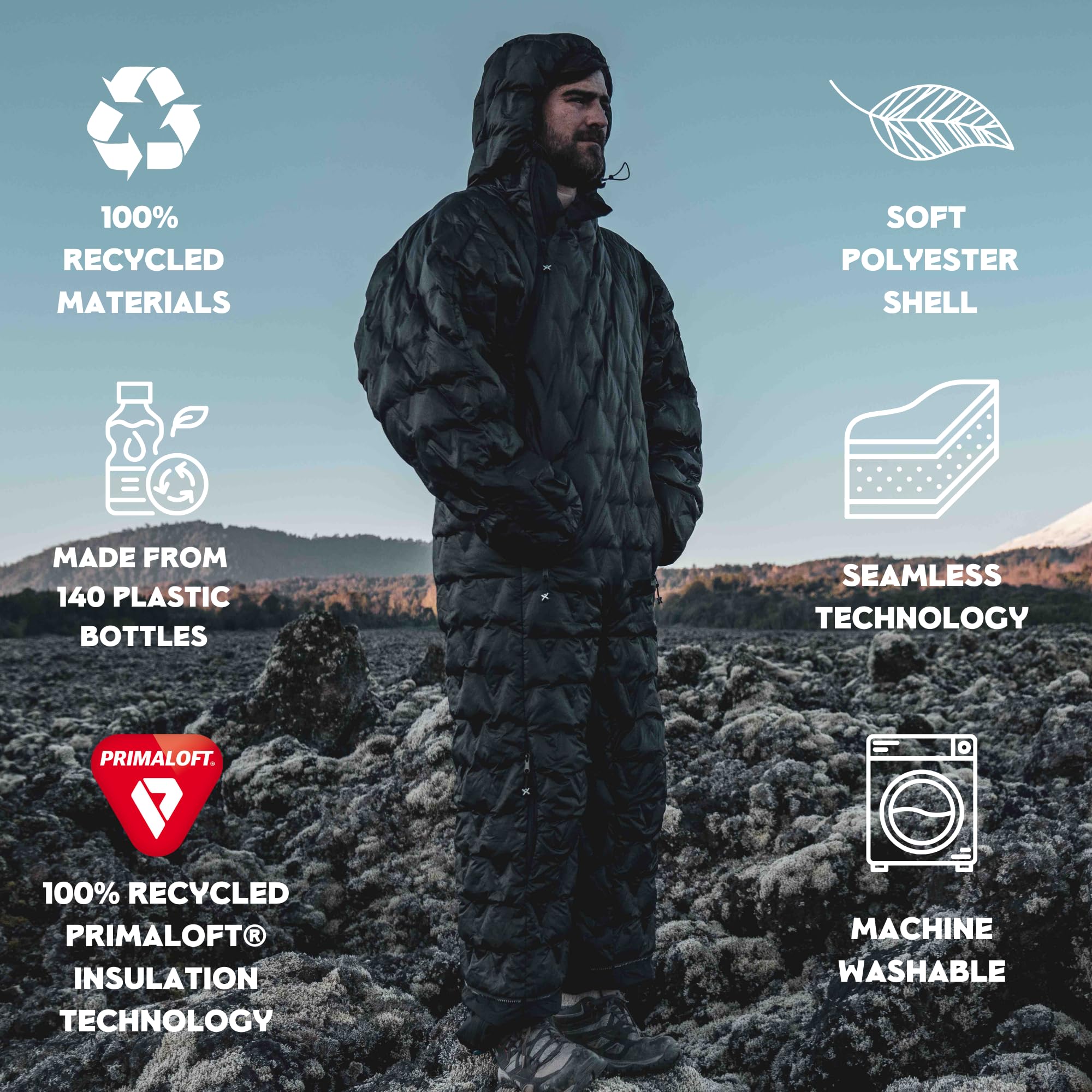 Outer shell and lining made from 100% post-consumer recycled materials.