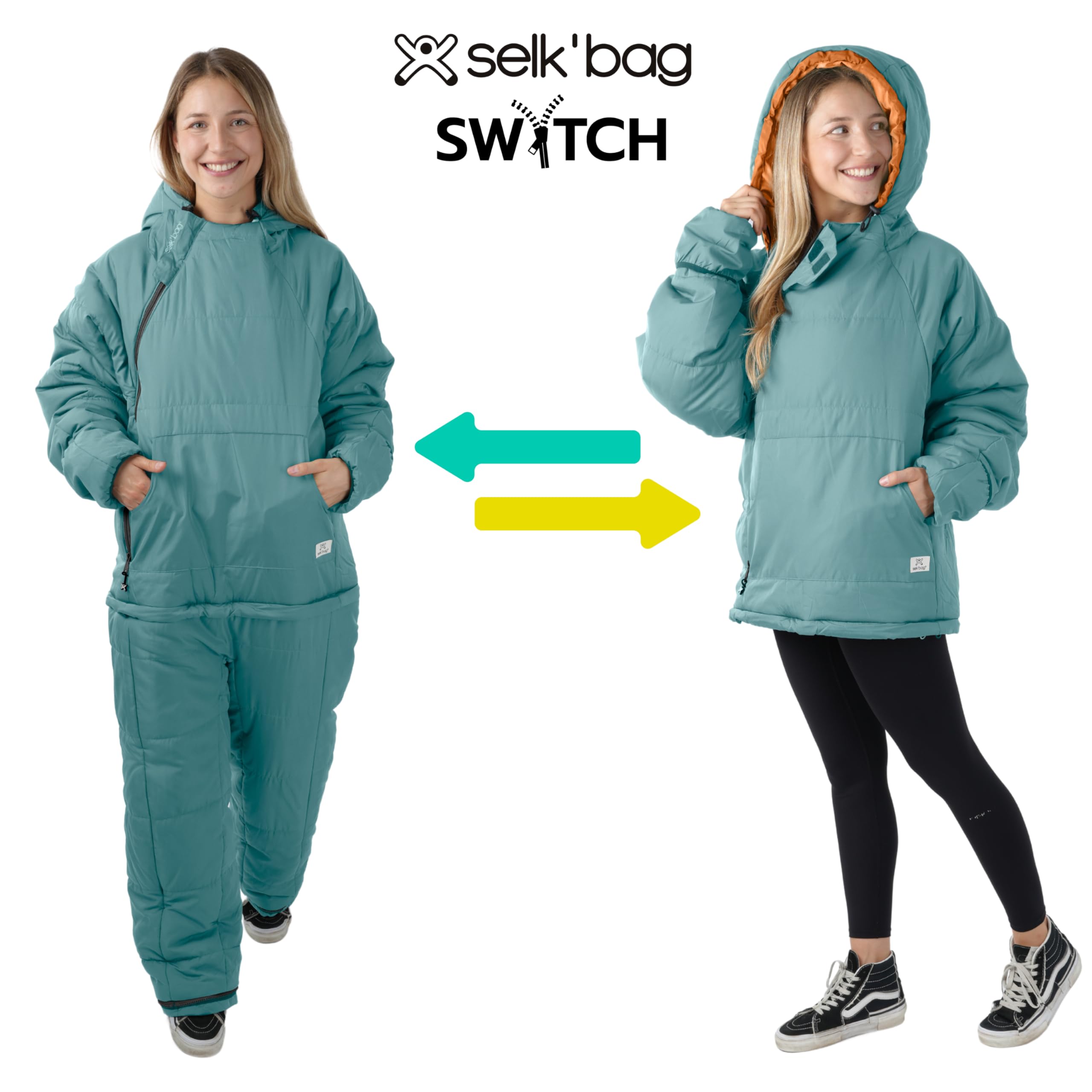 Selk'bag SWYTCH Lite convertible jacket-sleeping bag showing 2-in-1 versatility for outdoors.