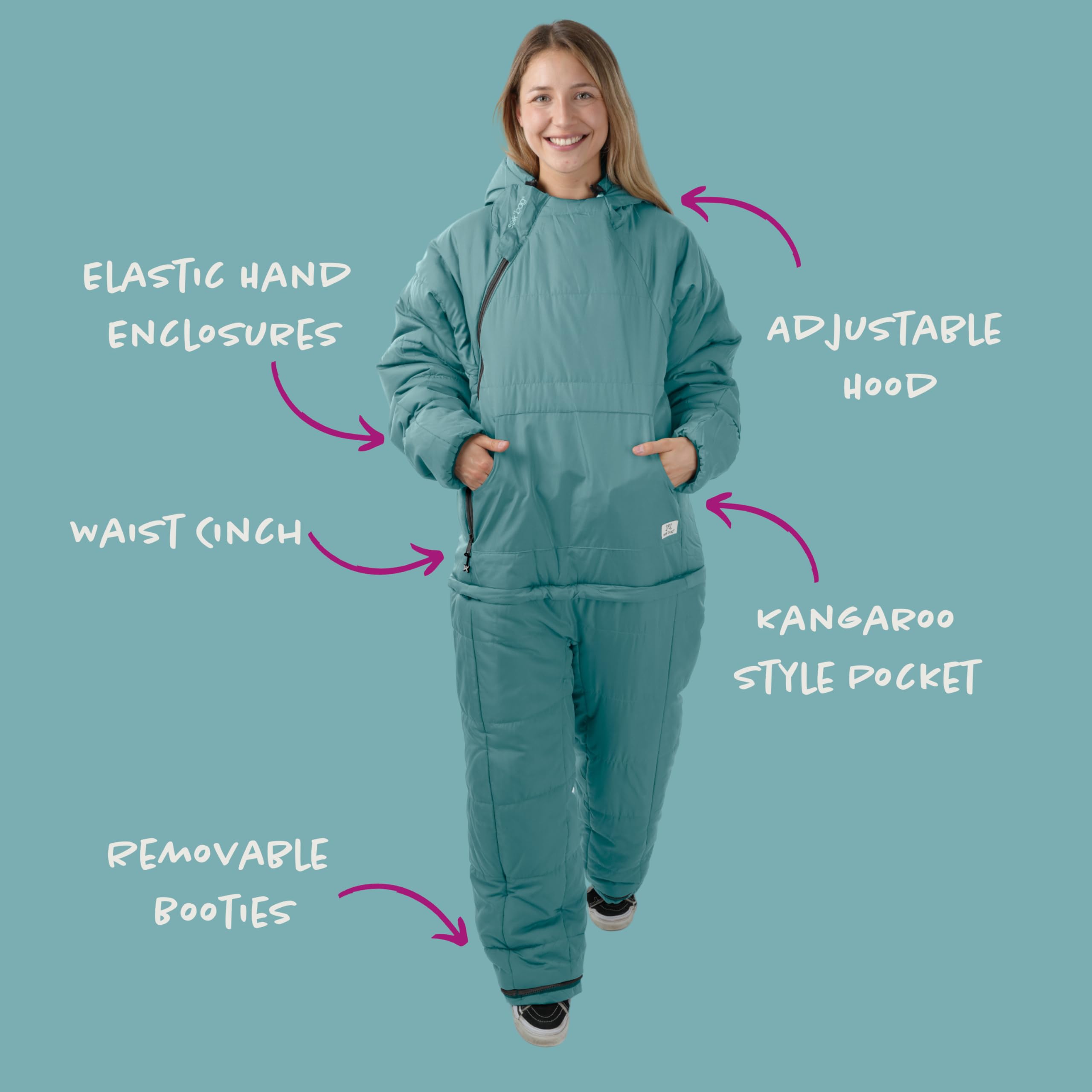 Selk'bag SWYTCH Lite water-repellent shell protecting warmth during evening camping.