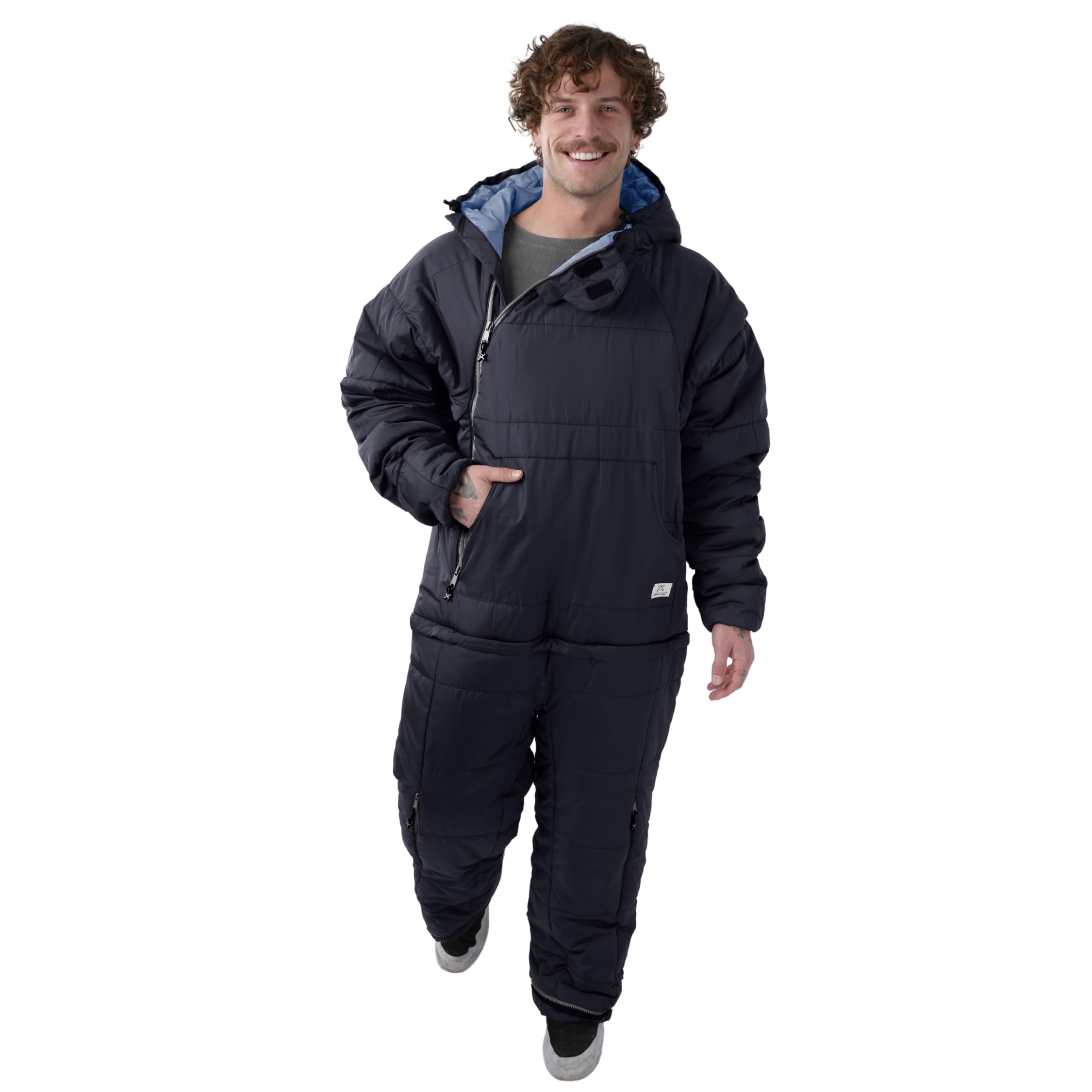 Selk'bag SWYTCH Original worn as wearable sleeping bag jacket for cozy camping.