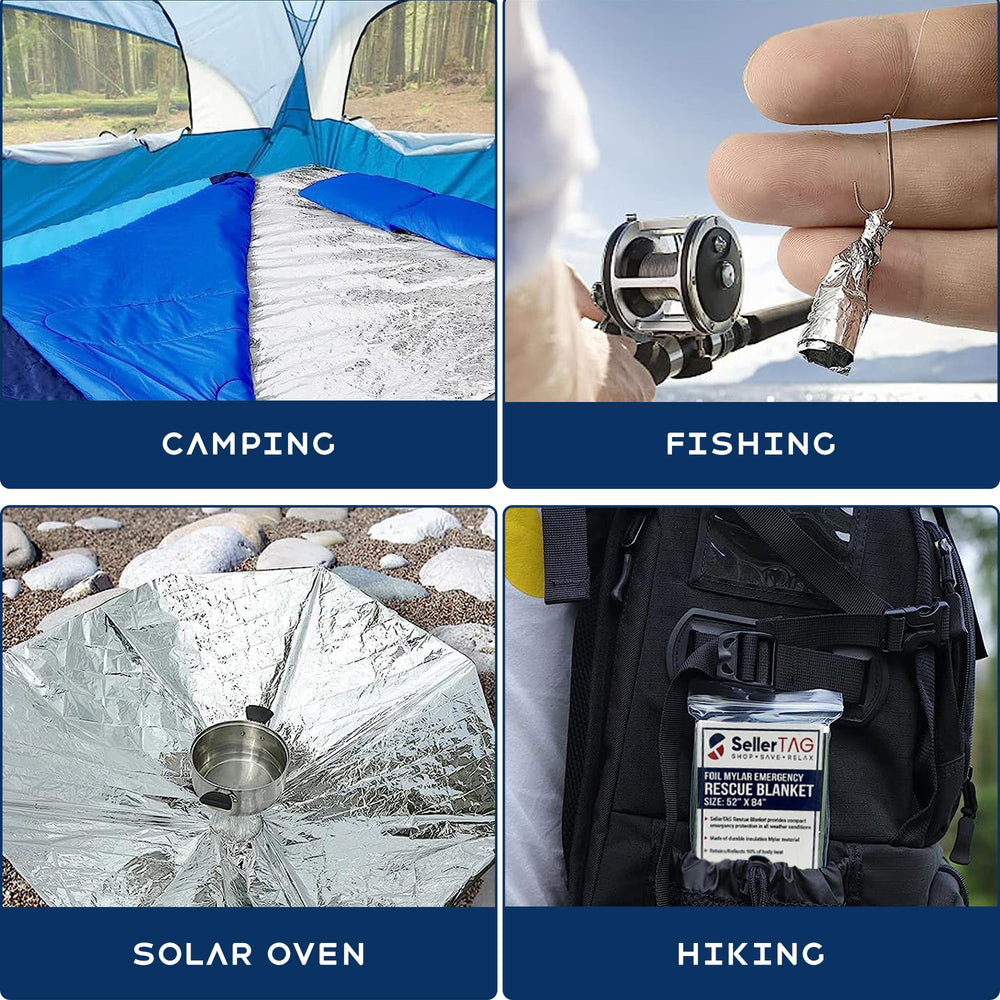 Sellertag compact emergency blanket serves as a shade cover or ground mat
