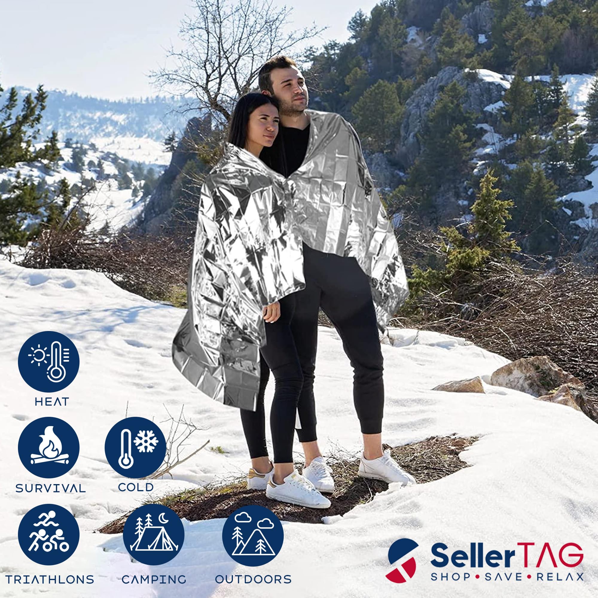 Sellertag weatherproof Mylar blanket reflects sun and keeps body heat
