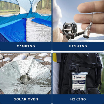 SellerTAG reusable Mylar blanket reflects heat to help conserve warmth.