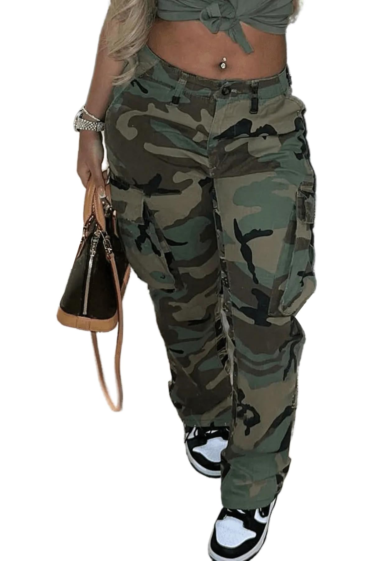 Seltaon women's plus-size camo pants with high waist and pockets for everyday versatility.