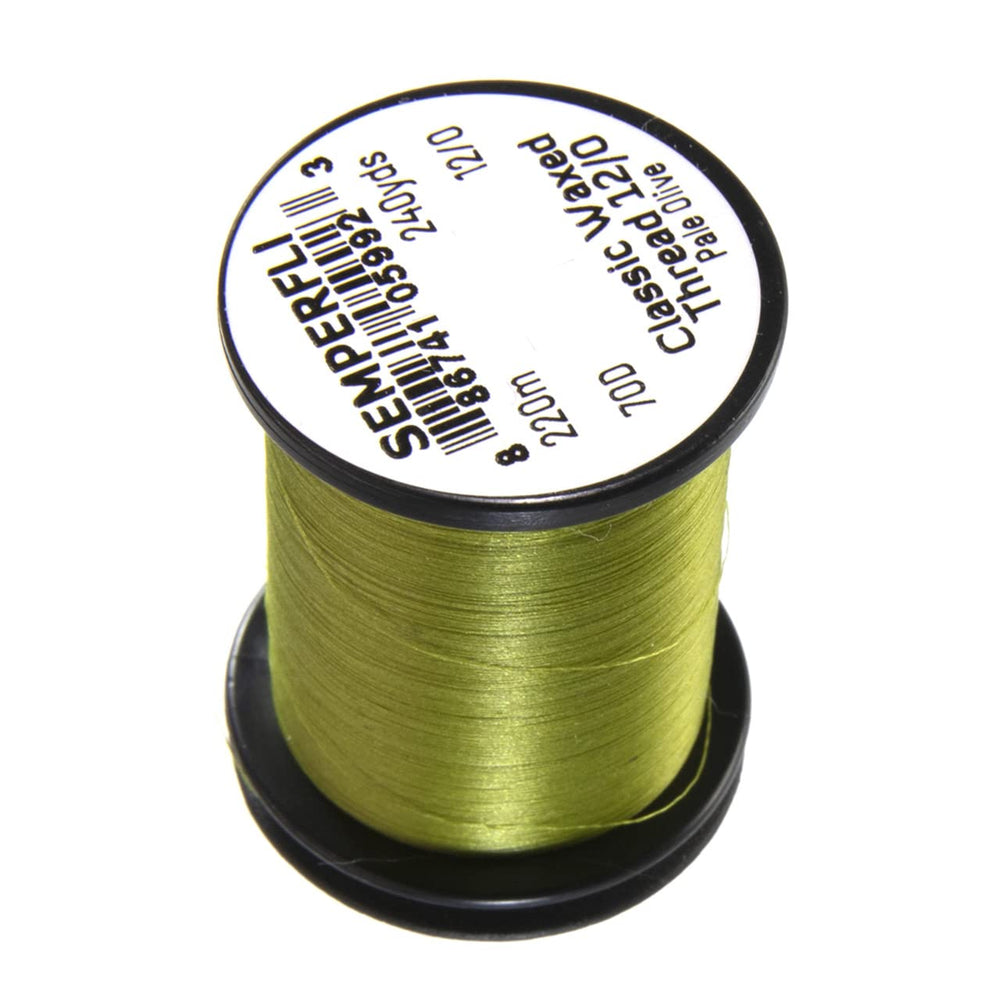 Semperfli Classic Waxed Thread 12/0 Pale Olive close-up shows strong, uniform fibers for precise wraps.