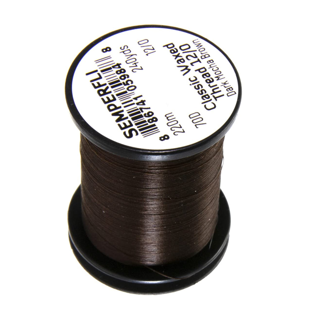 Semperfli Classic Waxed Thread 12/0 spool close-up showing smooth wax and strength for precise wraps.