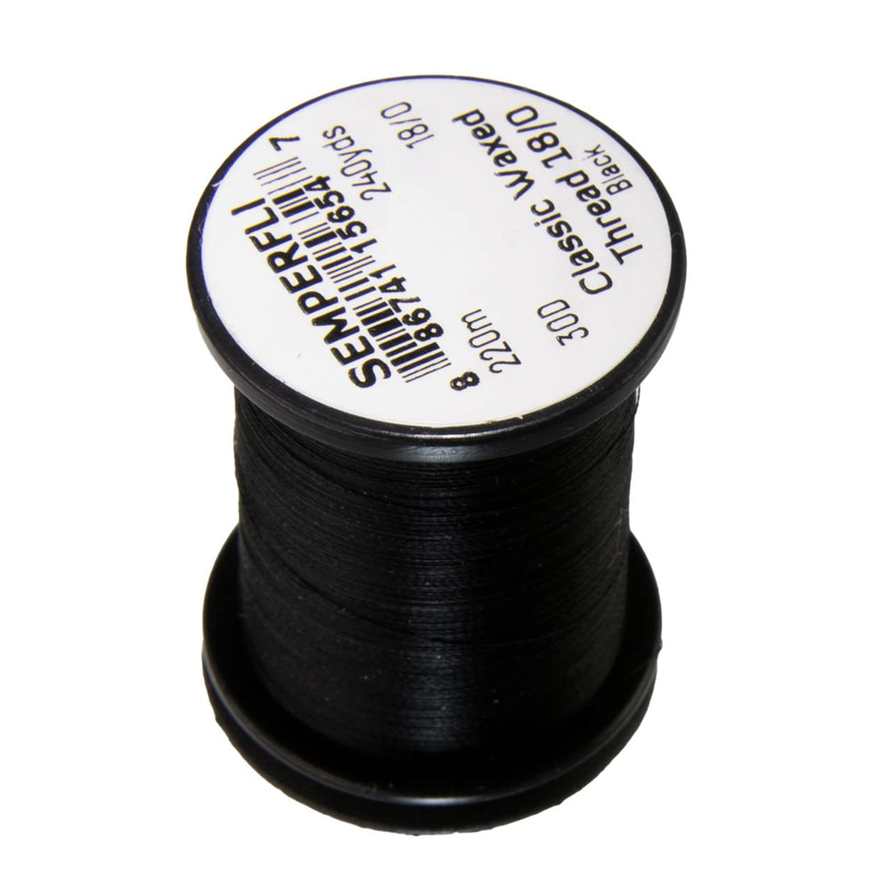 Semperfli Classic Waxed Thread 18/0 Black spool with flat profile for strong, secure fly tying.