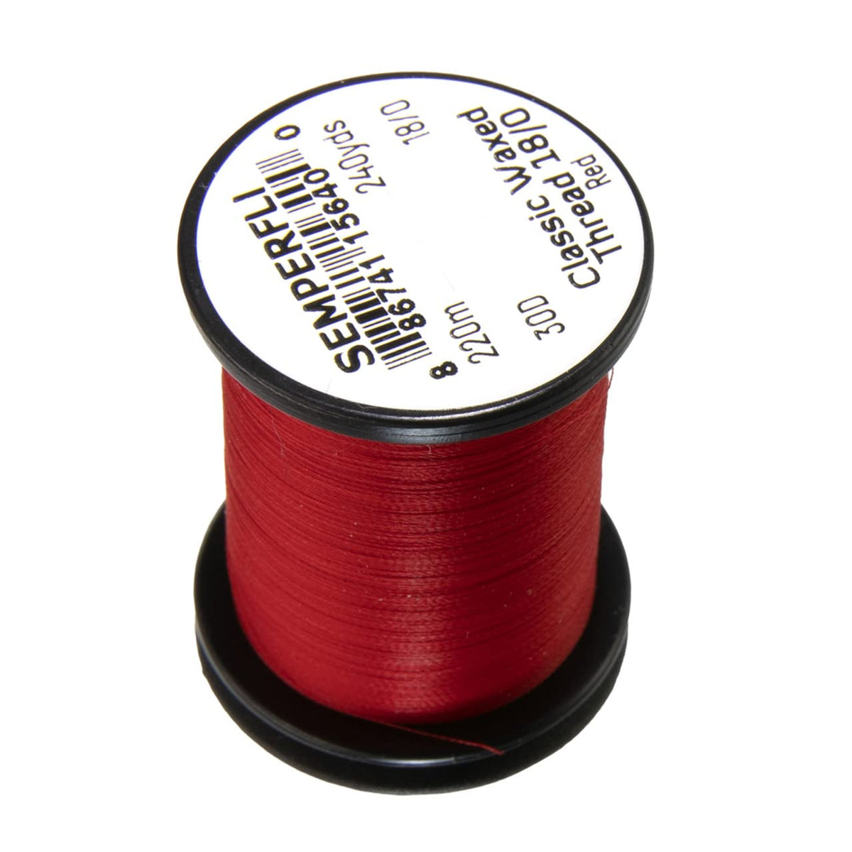 Semperfli Classic Waxed Thread 18/0 Red on a spool, ideal for precise fly tying.