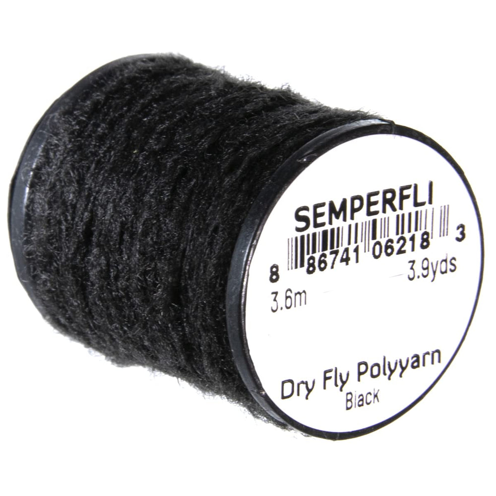 Semperfli Dry Fly Poly Yarn Black, ideal for floating dry fly bodies with buoyant, air-trapping fibers.