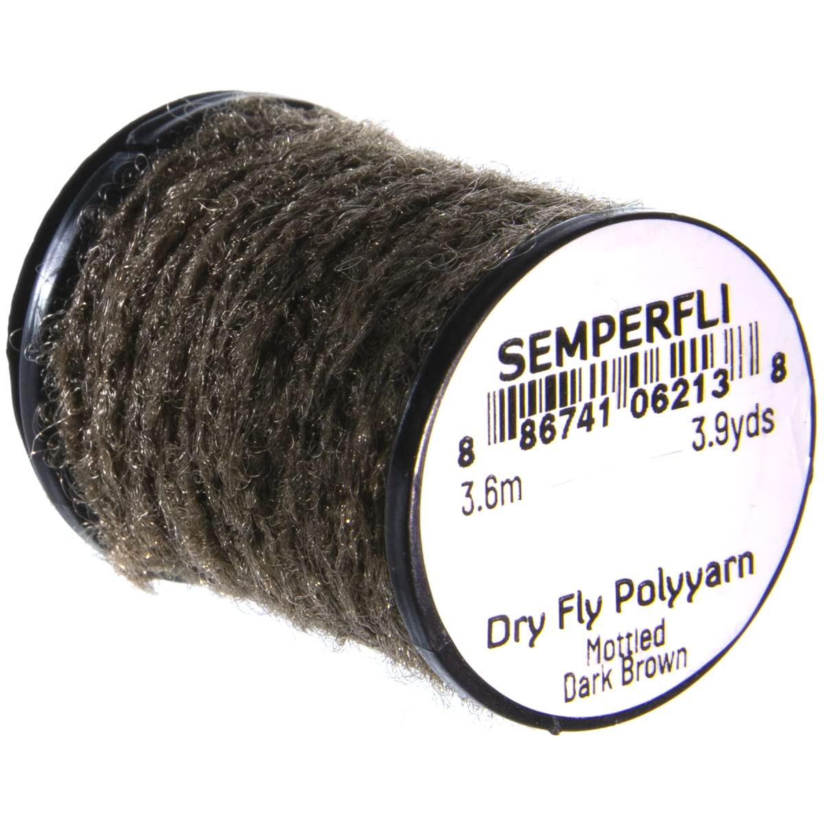 Semperfli Dry Fly Poly Yarn Mottled Dark Brown closeup highlighting buoyant, air-trapping fibers for dry flies