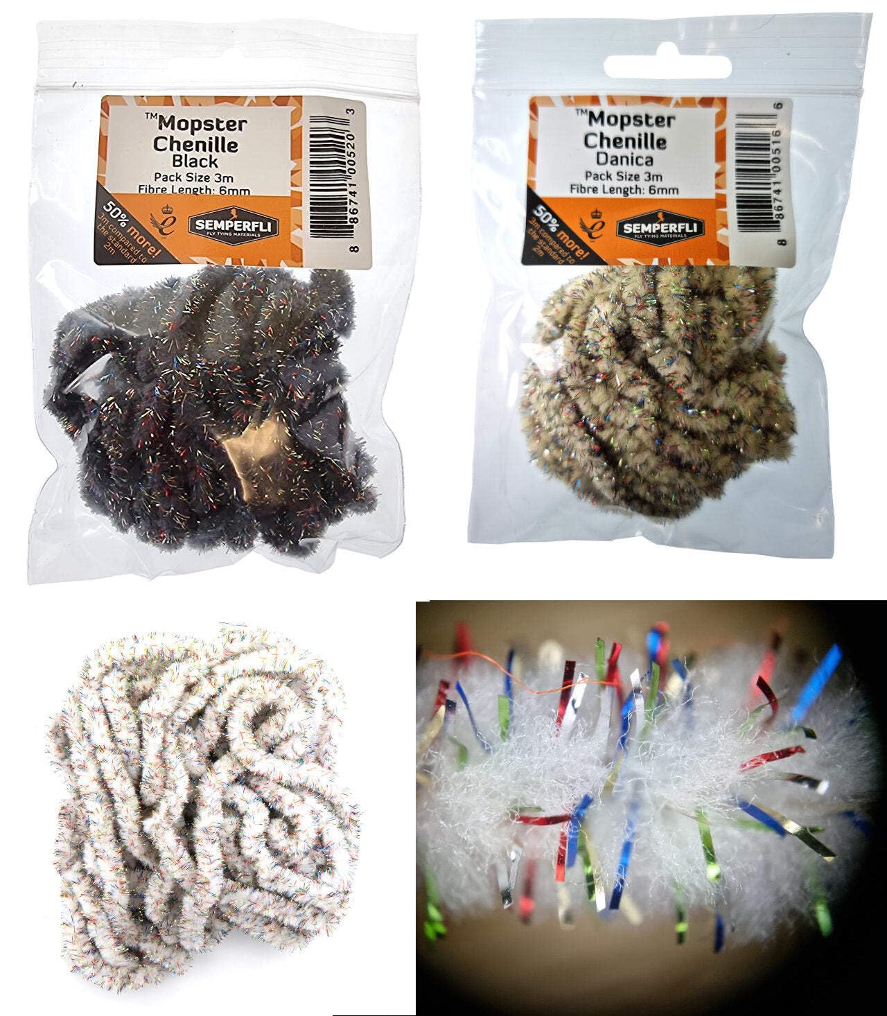 Semperfli Mopster guard hair tinsel colors add visual flair and water attraction.