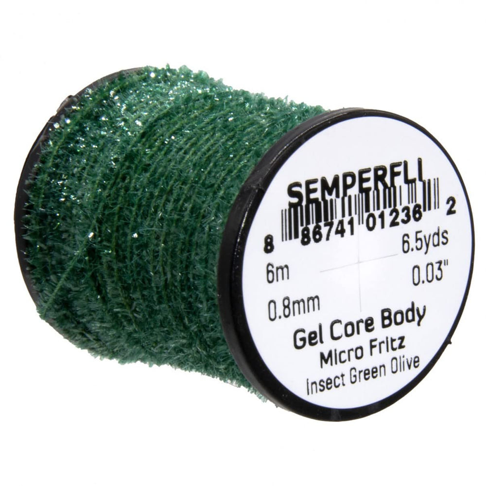 Semperfli Micro Fritz Gel Core chenille on spool for tiny fly bodies, enabling durable, fray-free tying.