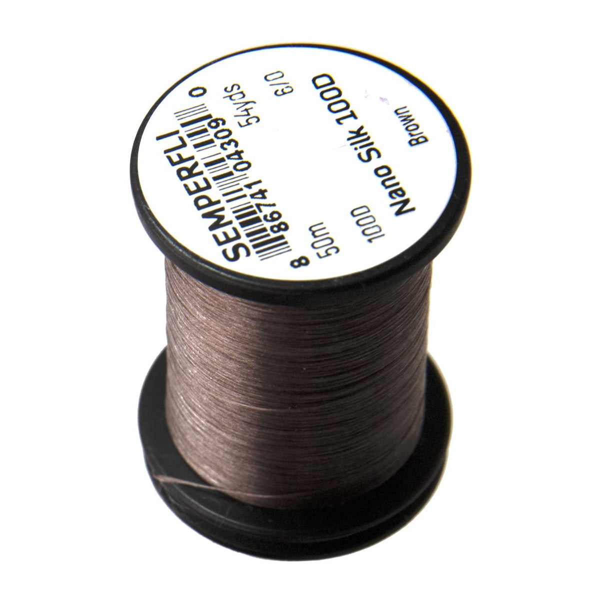 Semperfli Nano Silk close-up on spool highlighting ultra-thin strength for delicate fly tying.
