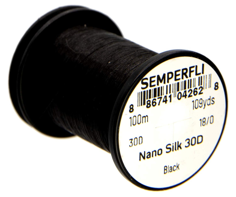 Semperfli Nano Silk Ultra 30D 18/0 Black spool close-up for precise, delicate fly tying.