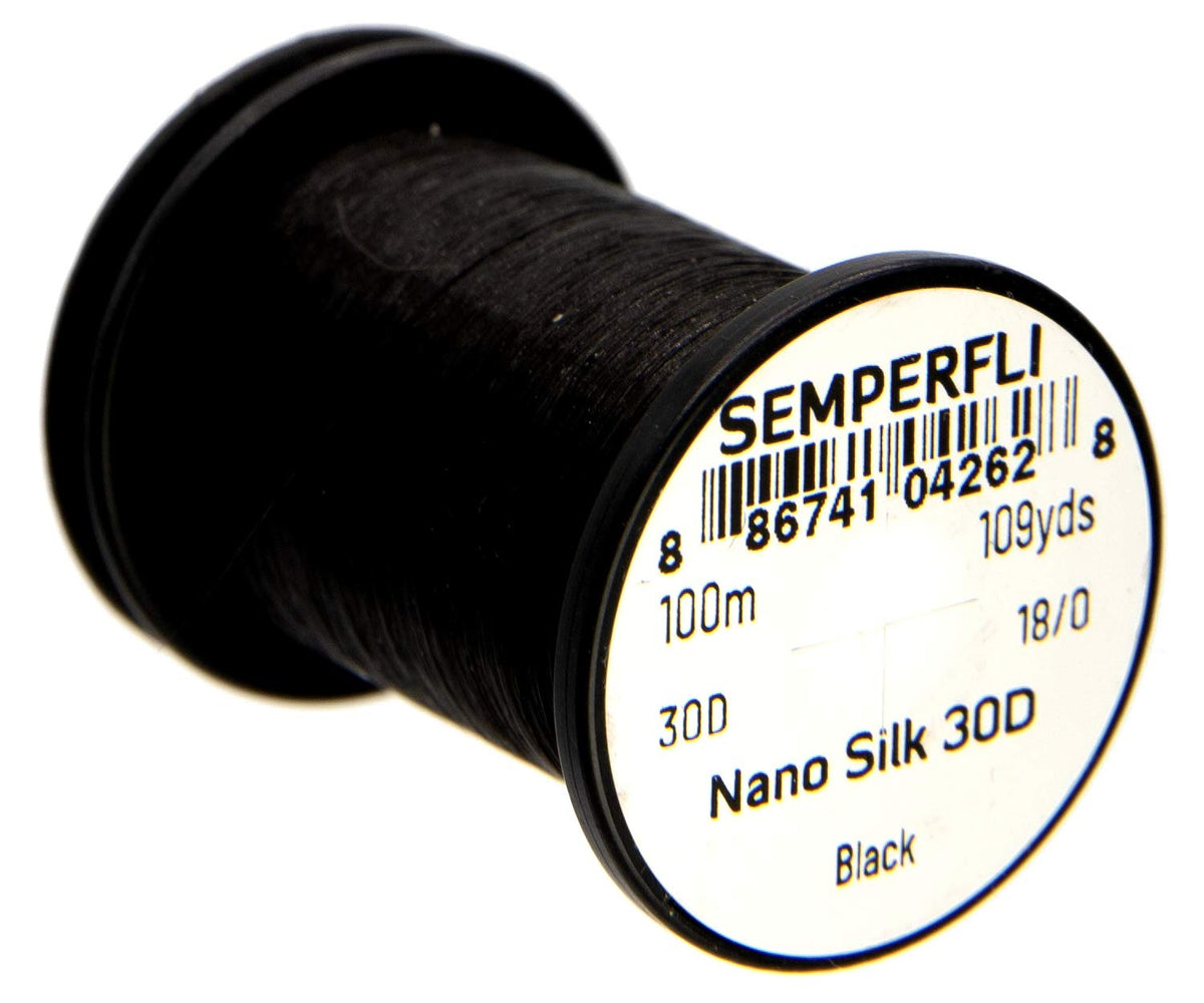 Semperfli Nano Silk Ultra 30D 18/0 Black spool close-up for precise, delicate fly tying.