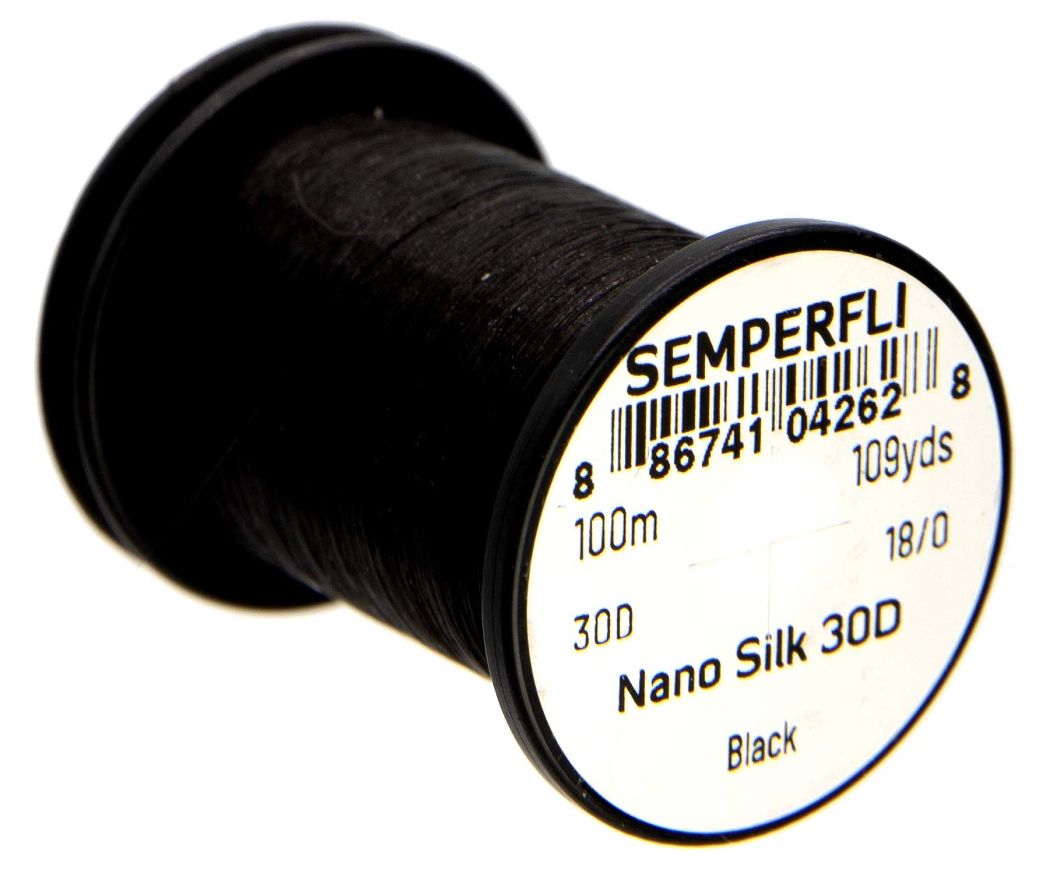 Close look at Semperfli Nano Silk Ultra 30D 18/0 Black thread for small flies.