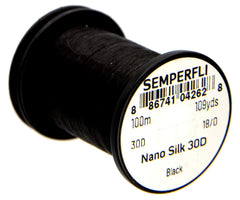 Close look at Semperfli Nano Silk Ultra 30D 18/0 Black thread for small flies.