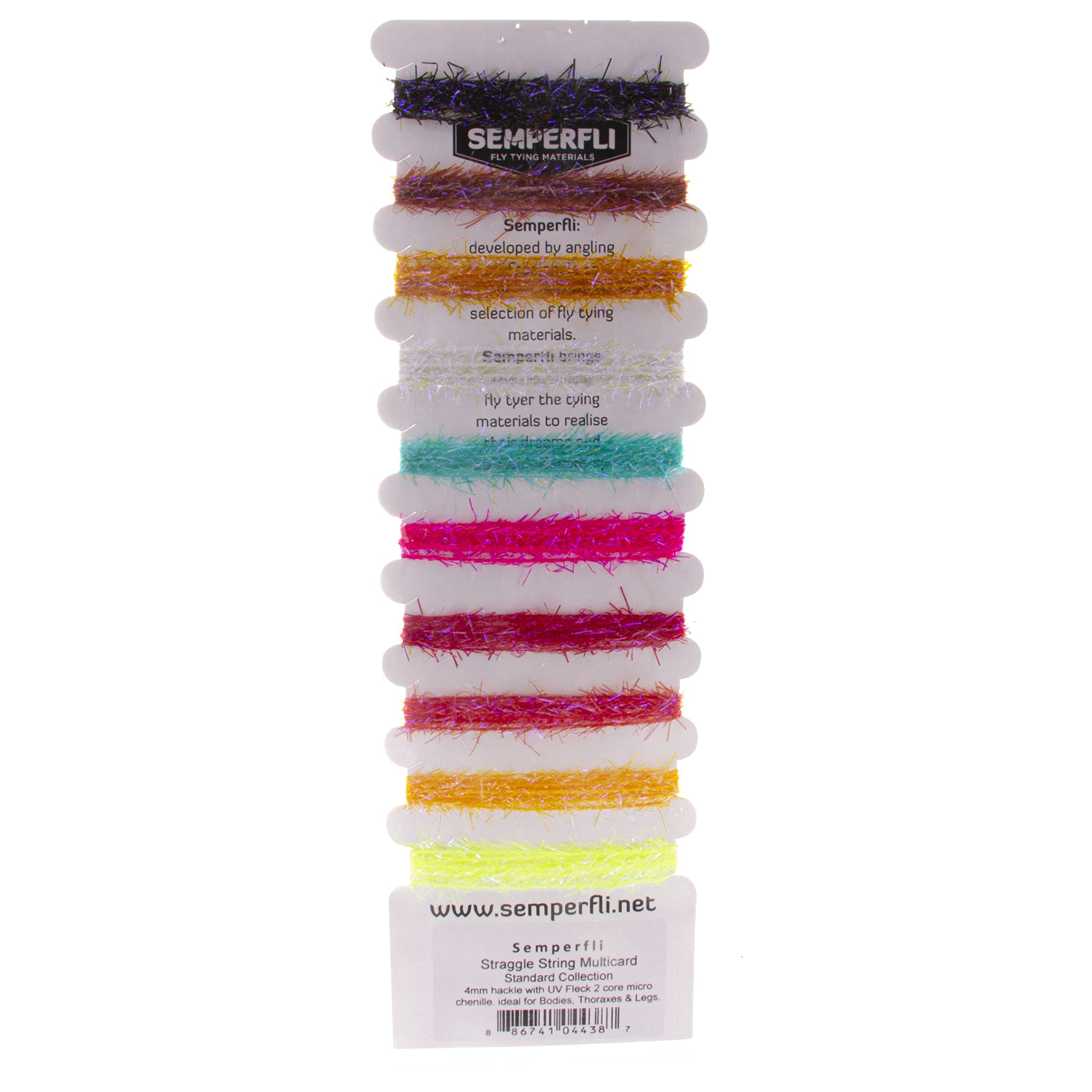 Semperfli Straggle String mixed pack highlighting ultra-fine cores and UV flecks for bodies