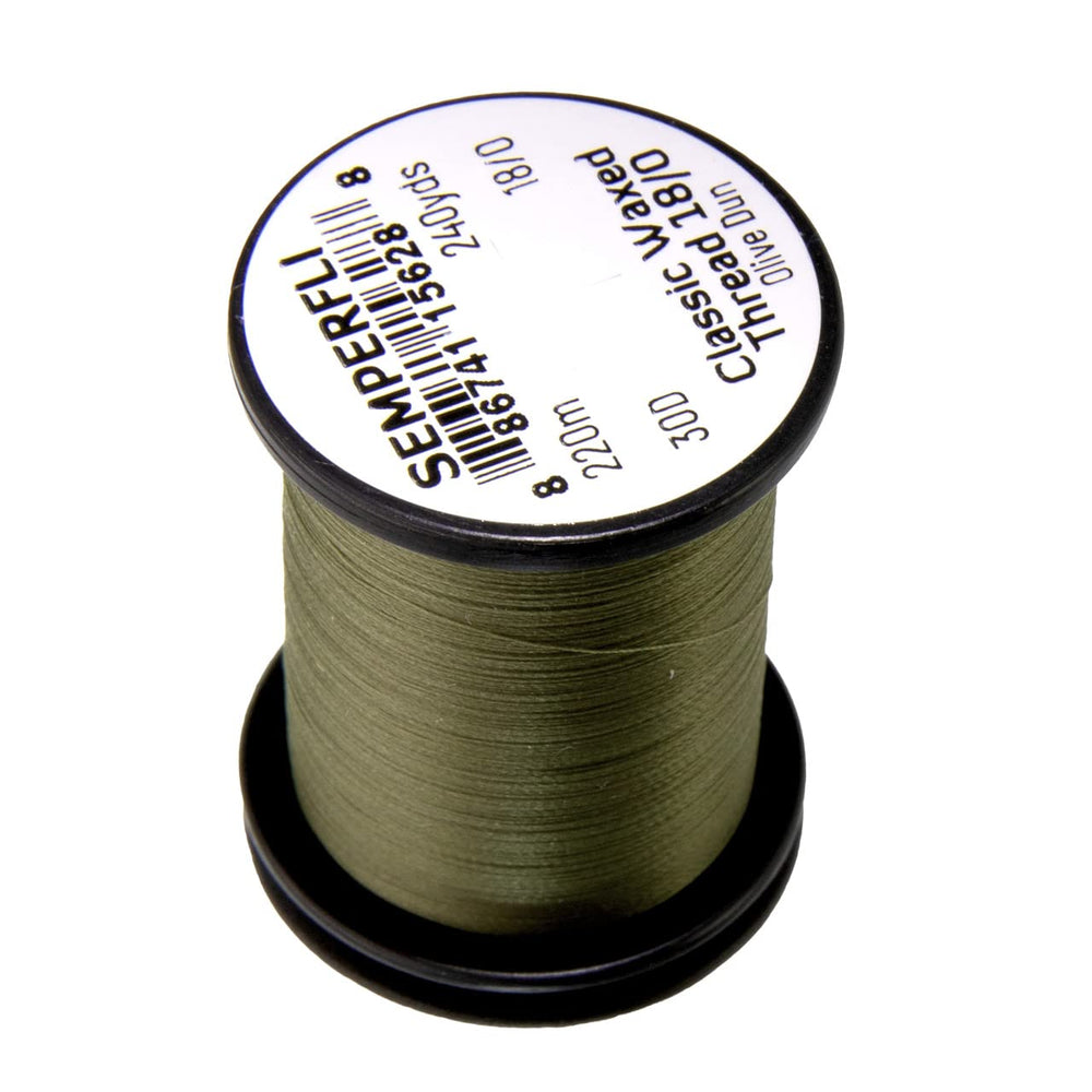 Semperfli Classic Waxed Thread 18/0 Olive Dun spool close-up showing strength and color sheen for fly tying