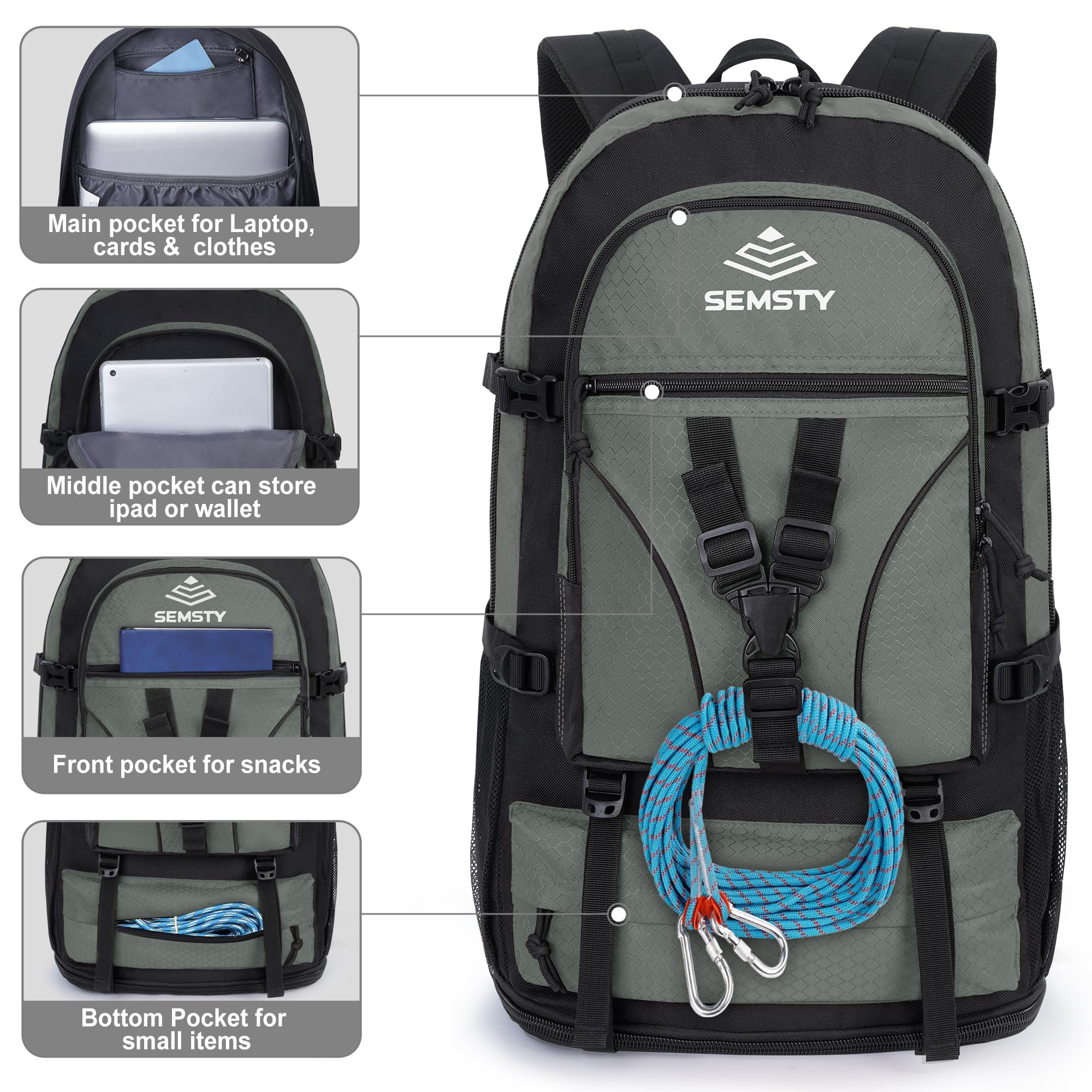 SEMSTY expandable hiking backpack extended-capacity image demonstrates bottom zipper extension from 40L to 50L