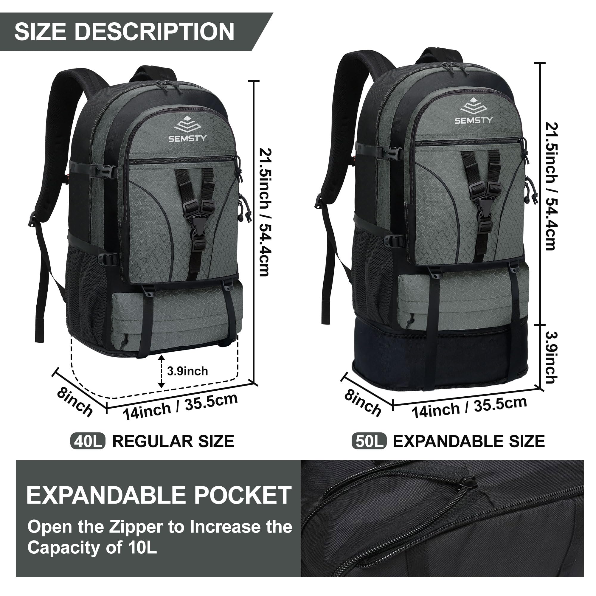 SEMSTY expandable hiking backpack side view shows secure side buckles and organized compartments for gear