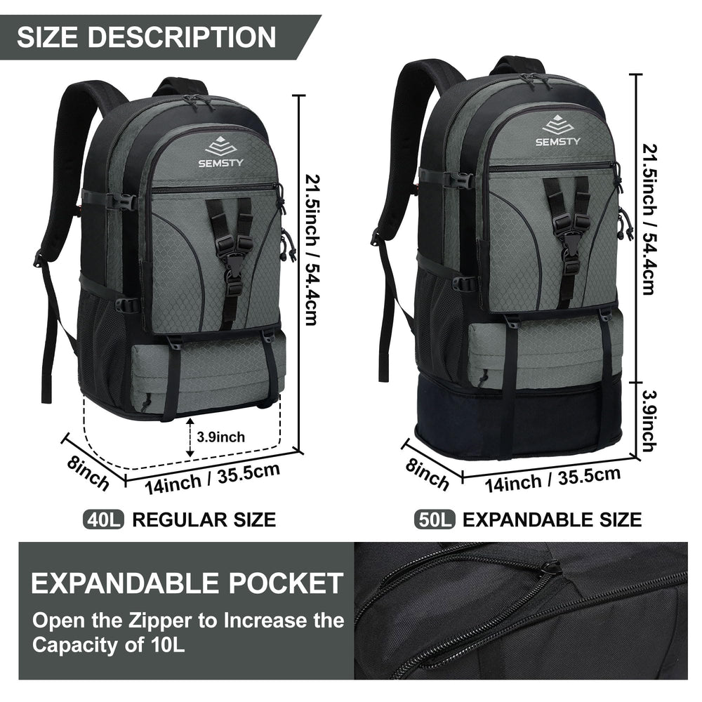 SEMSTY expandable hiking backpack side view shows secure side buckles and organized compartments for gear