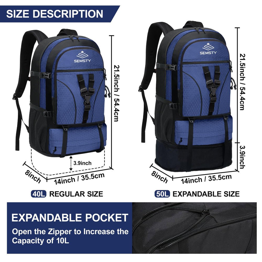 SEMSTY hiking backpack back view with extended 50L capacity for longer trips.