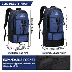 SEMSTY hiking backpack back view with extended 50L capacity for longer trips.