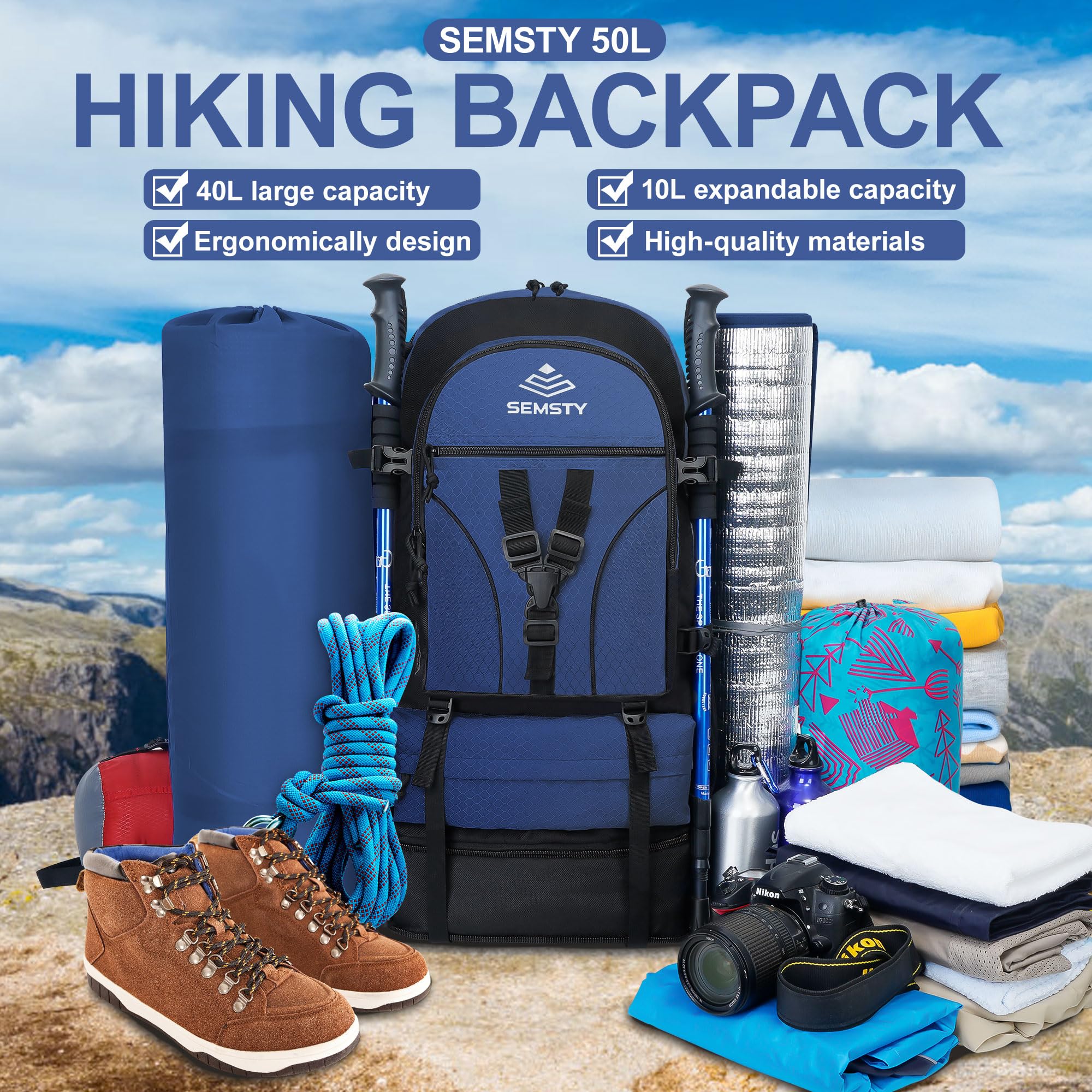 SEMSTY hiking backpack durable tear polyester fabric resists wear.