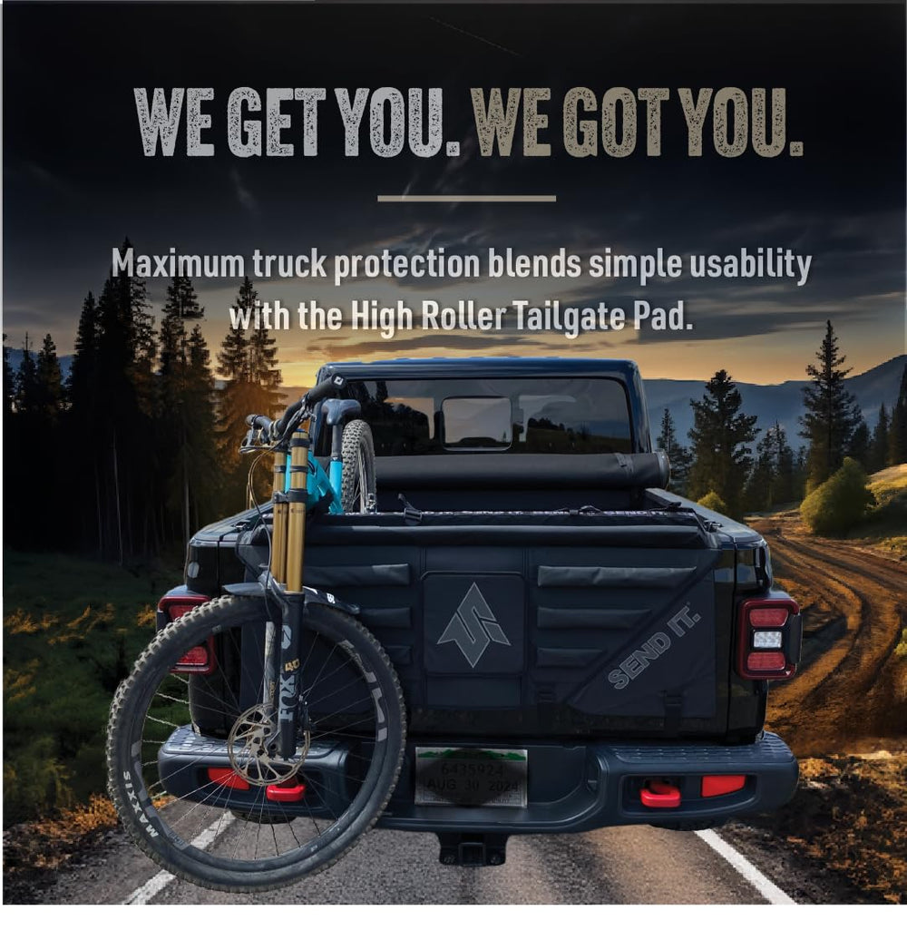 Send It High Roller Tailgate Pad V2 mounted on a truck for bike protection.