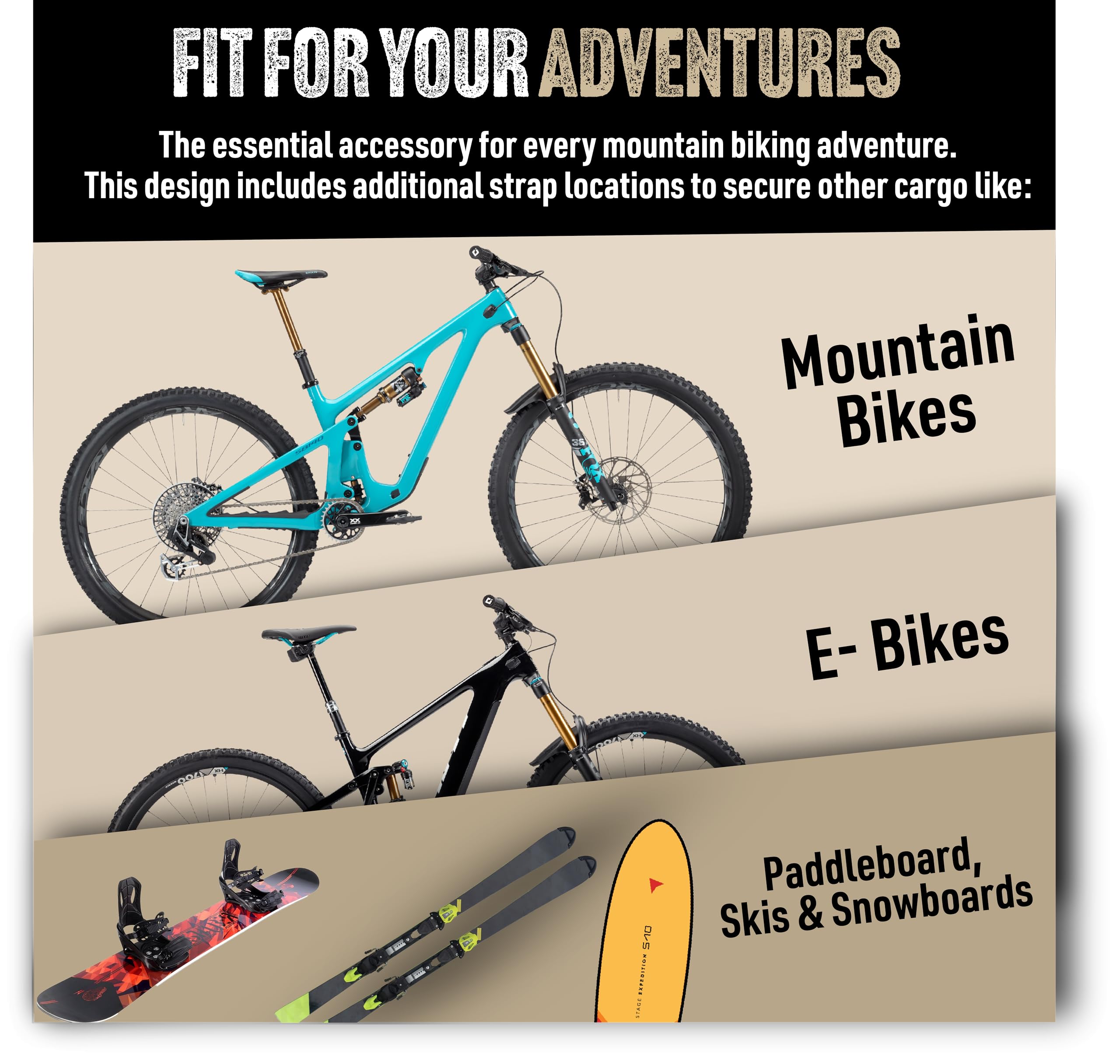 Reflective branding and extra strap points support versatile cargo like boards.