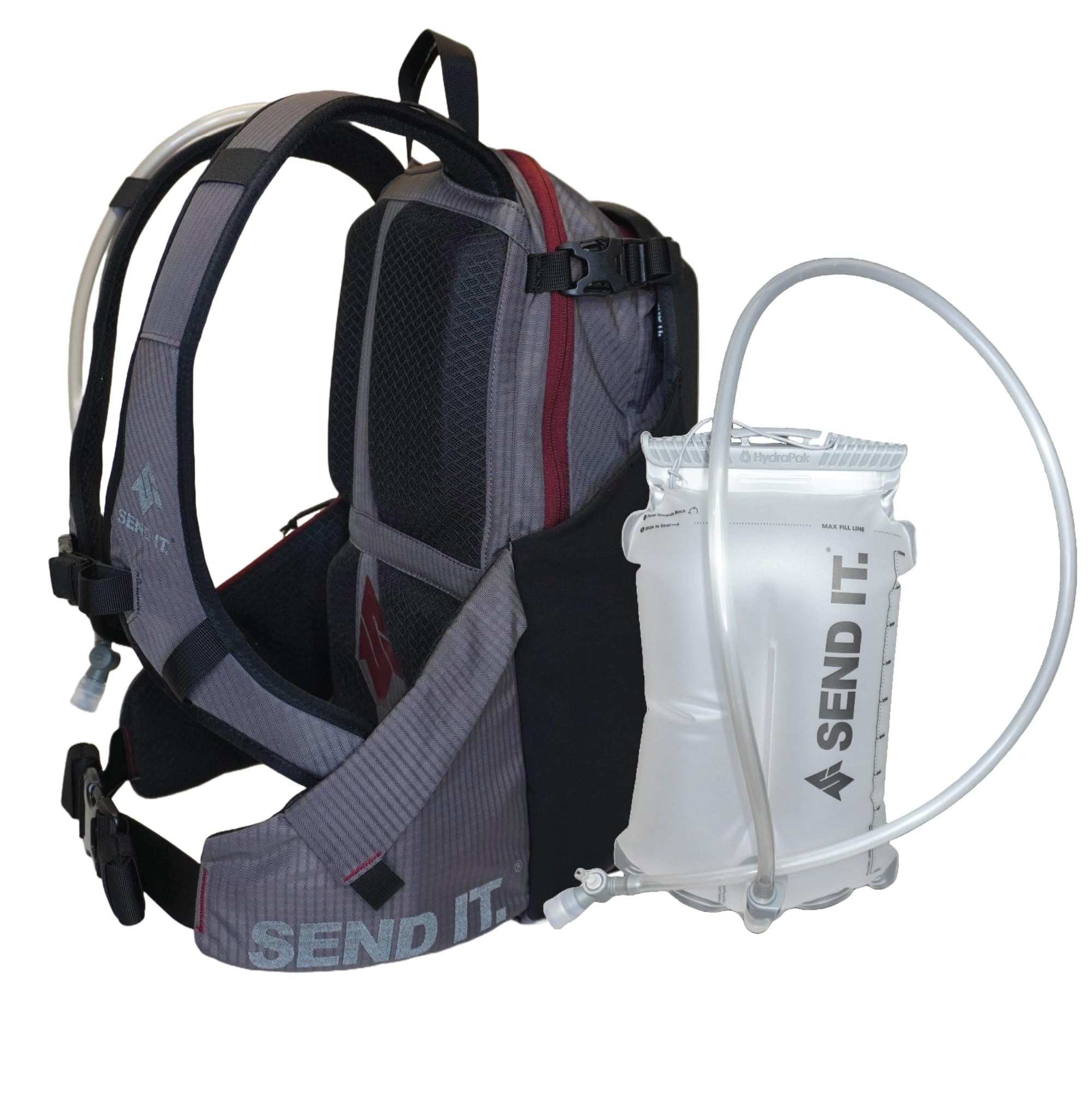 Send It Hydration Backpack Maroon front view for trail-ready comfort