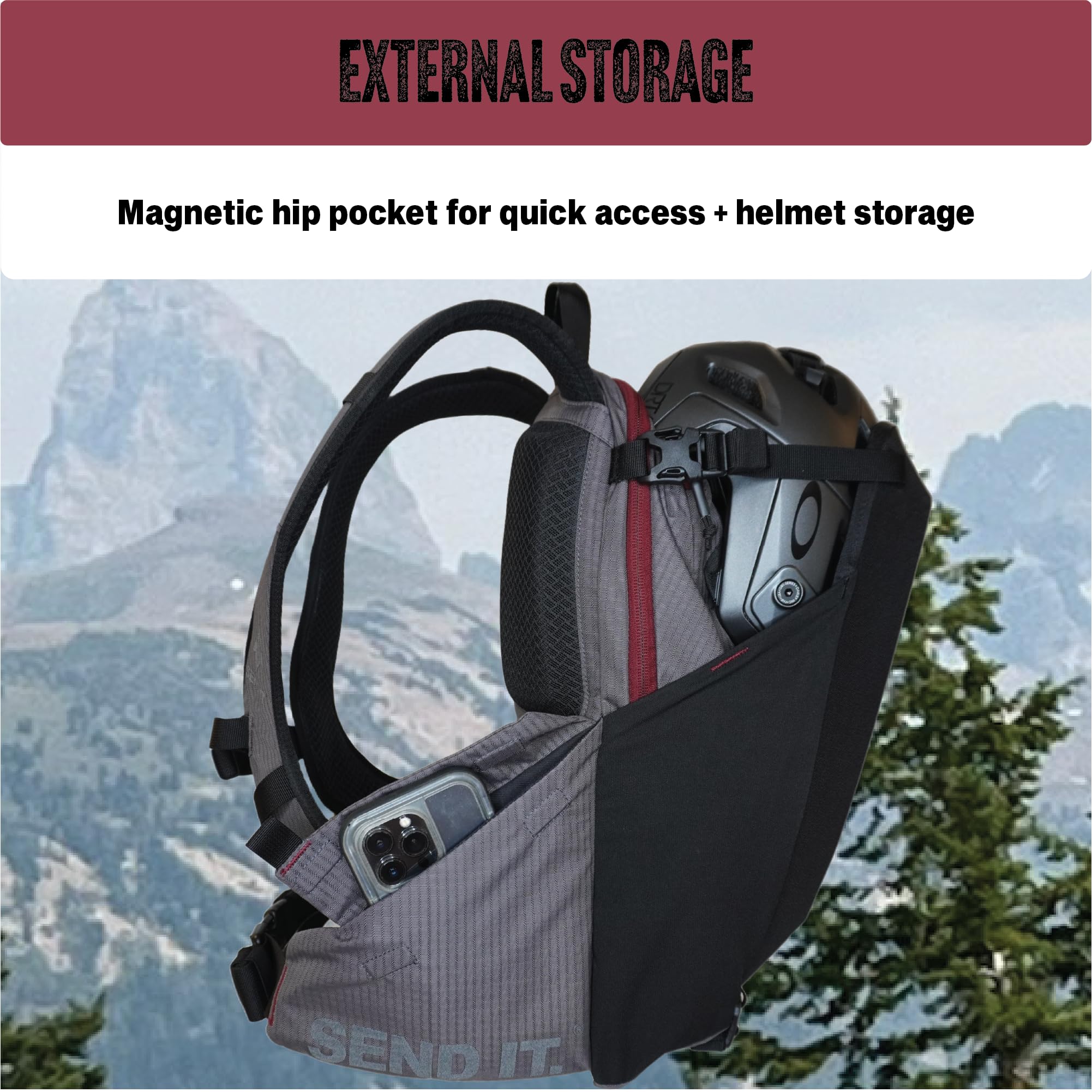 Send It Hydration Backpack Maroon organized pockets for quick gear access