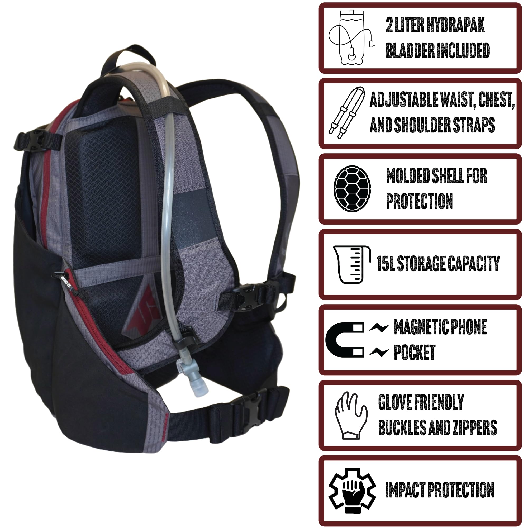 Send It Hydration Backpack Maroon with spine protector for enhanced protection on rough descents
