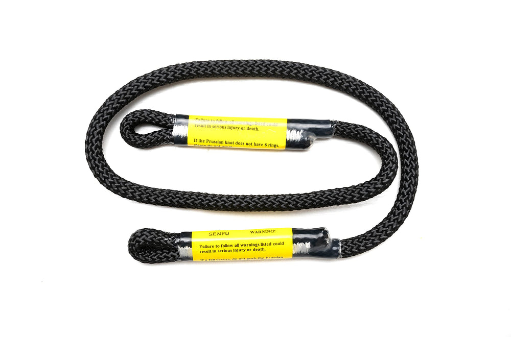 SENFU tree stand lifeline with carabiners demonstrated for secure attachments.
