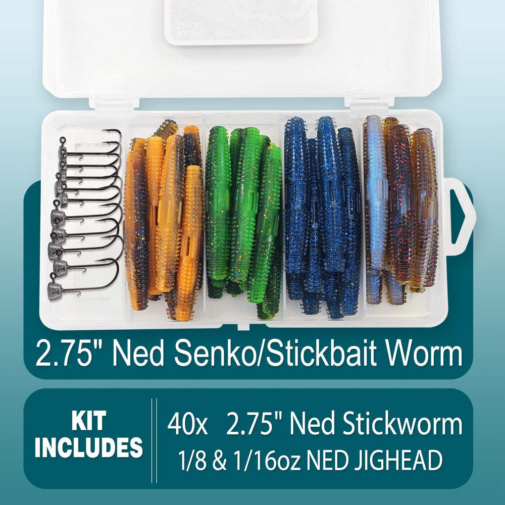 Close-up of 2.75 inch Senko stickworms included in the kit