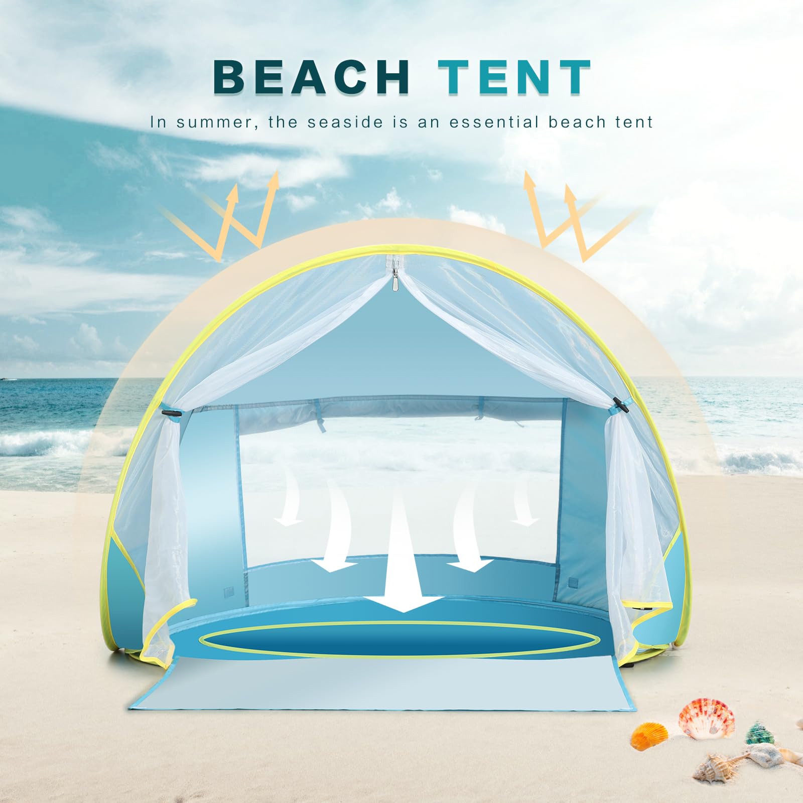 Senodeer baby beach tent demonstrates UV protection for sunny days.