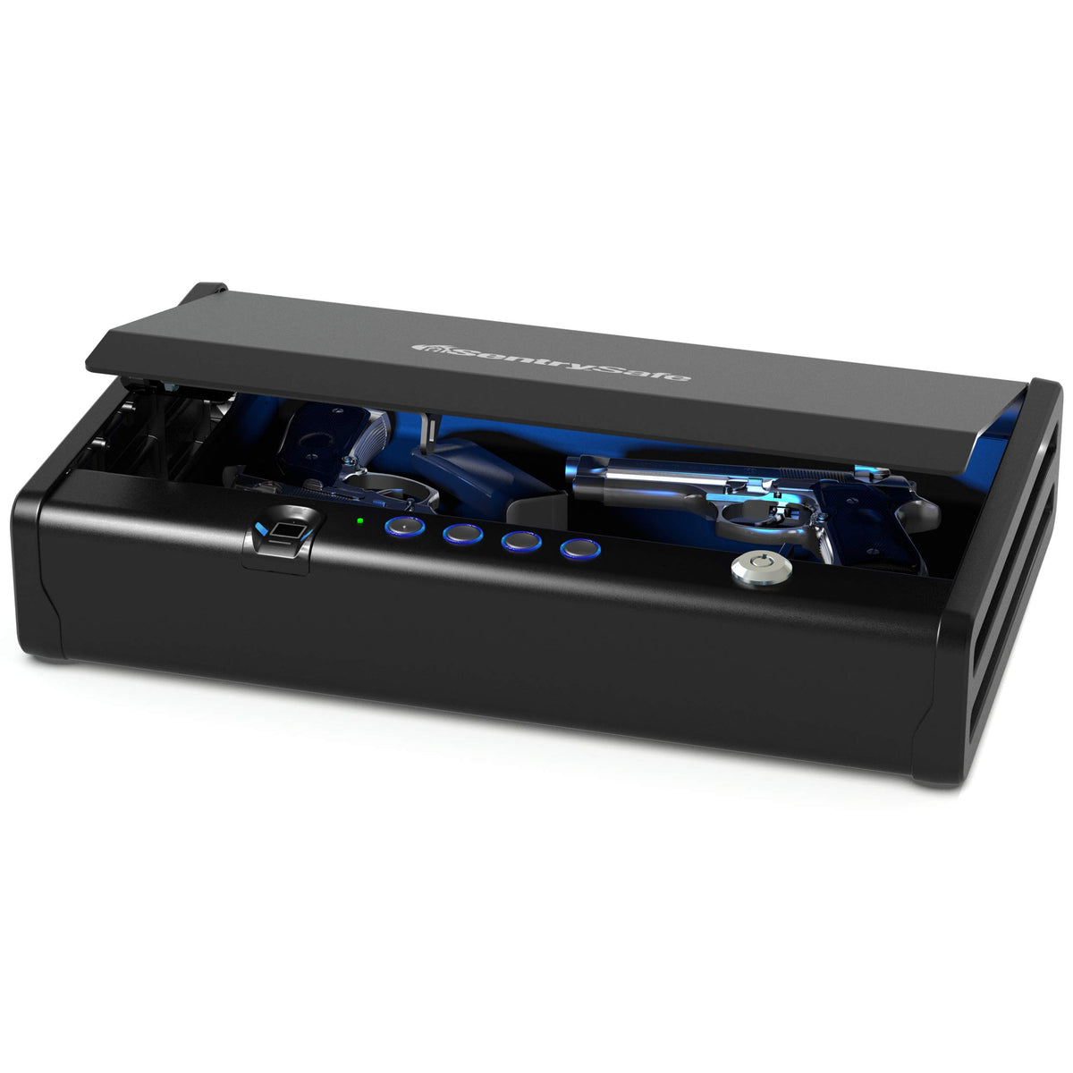 SentrySafe QAP2BLX biometric gun safe exterior with blue interior light.