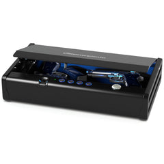 SentrySafe QAP2BLX biometric gun safe exterior with blue interior light.