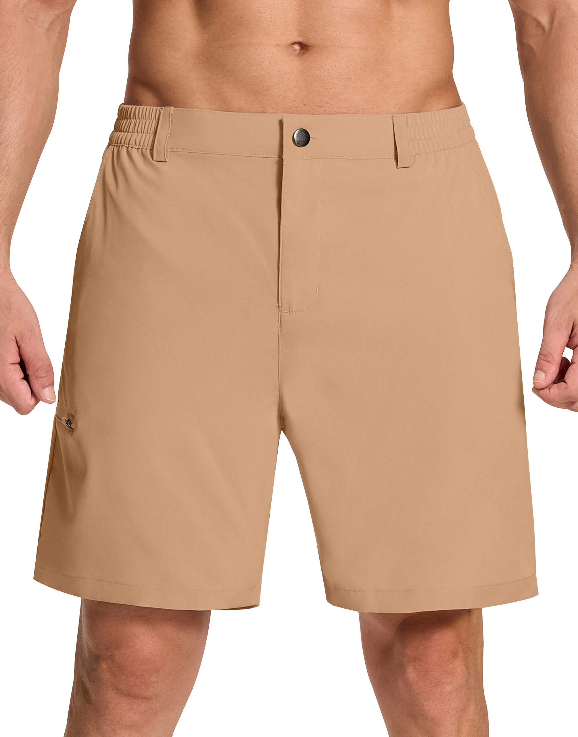 SERAMY dry-fit golf shorts showing elastic waist for secure swing comfort.