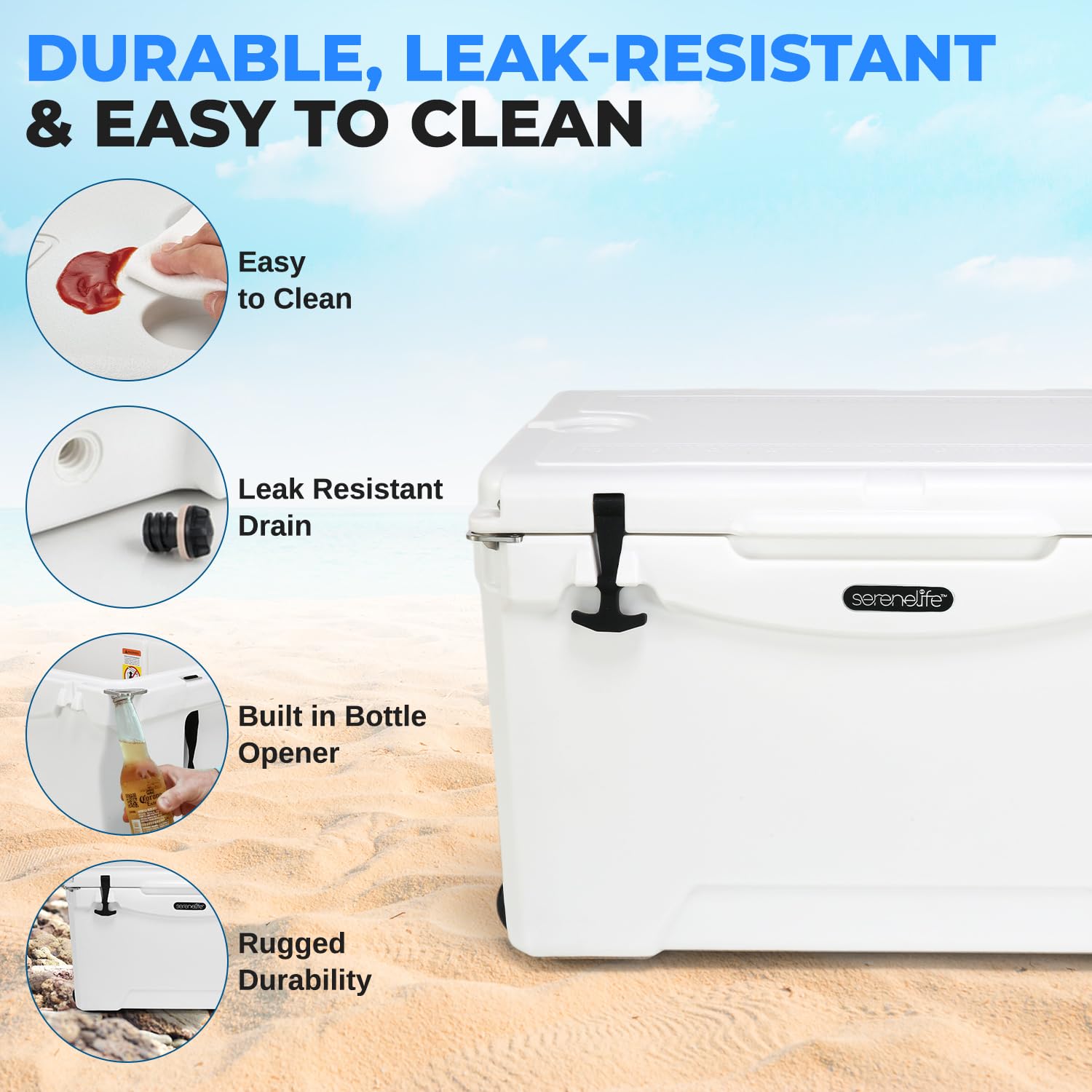 SereneLife 50QT cooler at the beach keeps beverages icy on sunny days