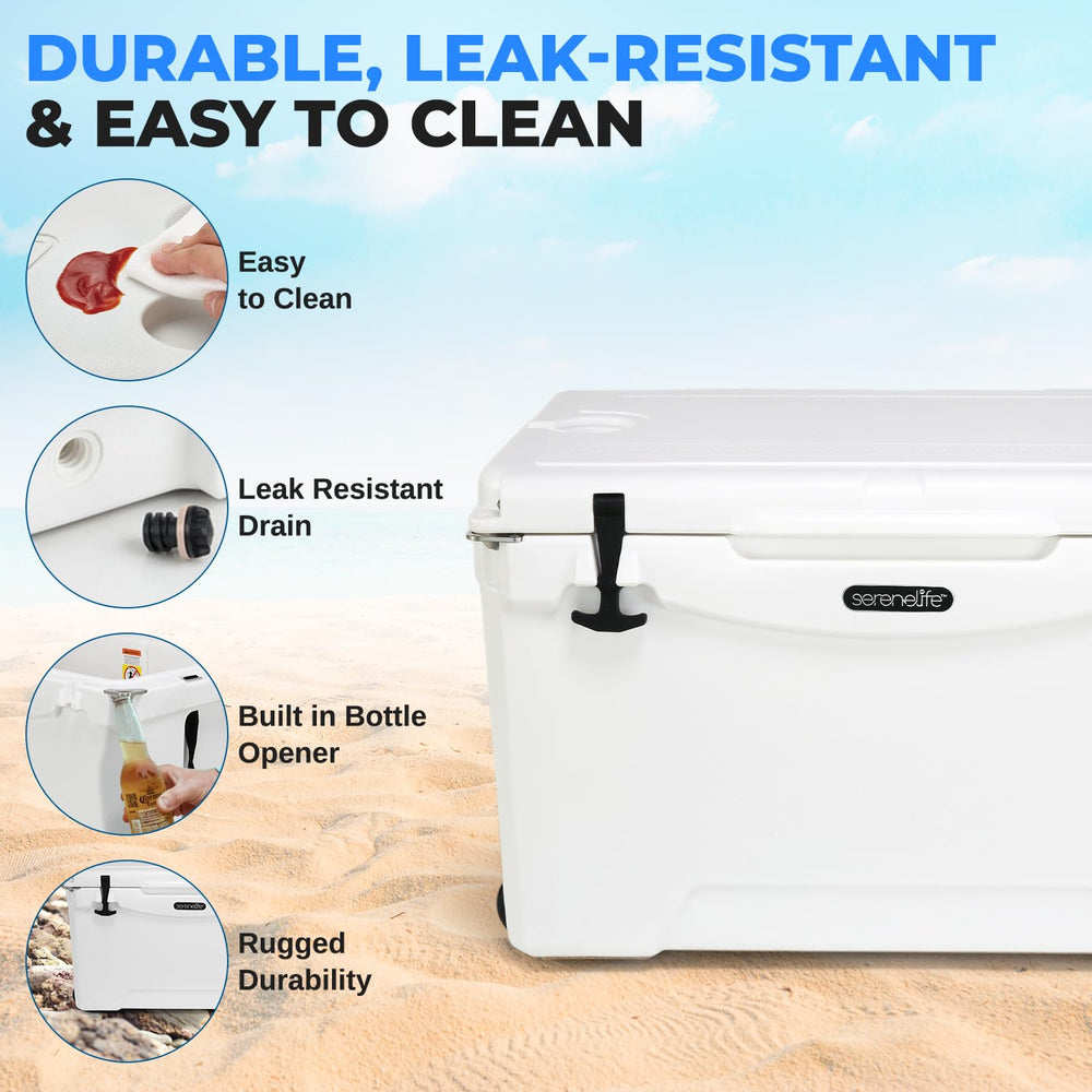 SereneLife 50QT cooler at the beach keeps beverages icy on sunny days