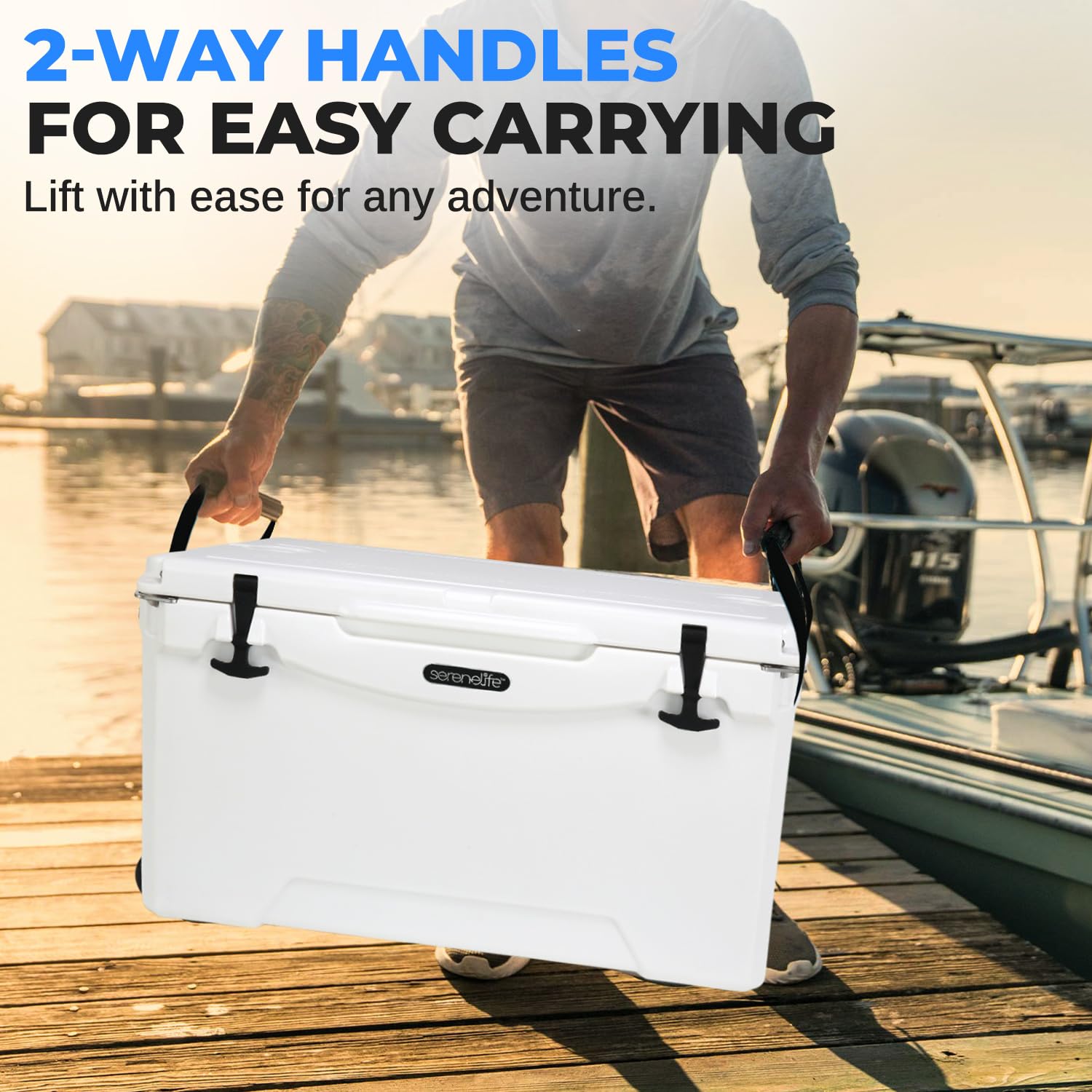 SereneLife 50QT cooler lid open, spacious interior for drinks and snacks