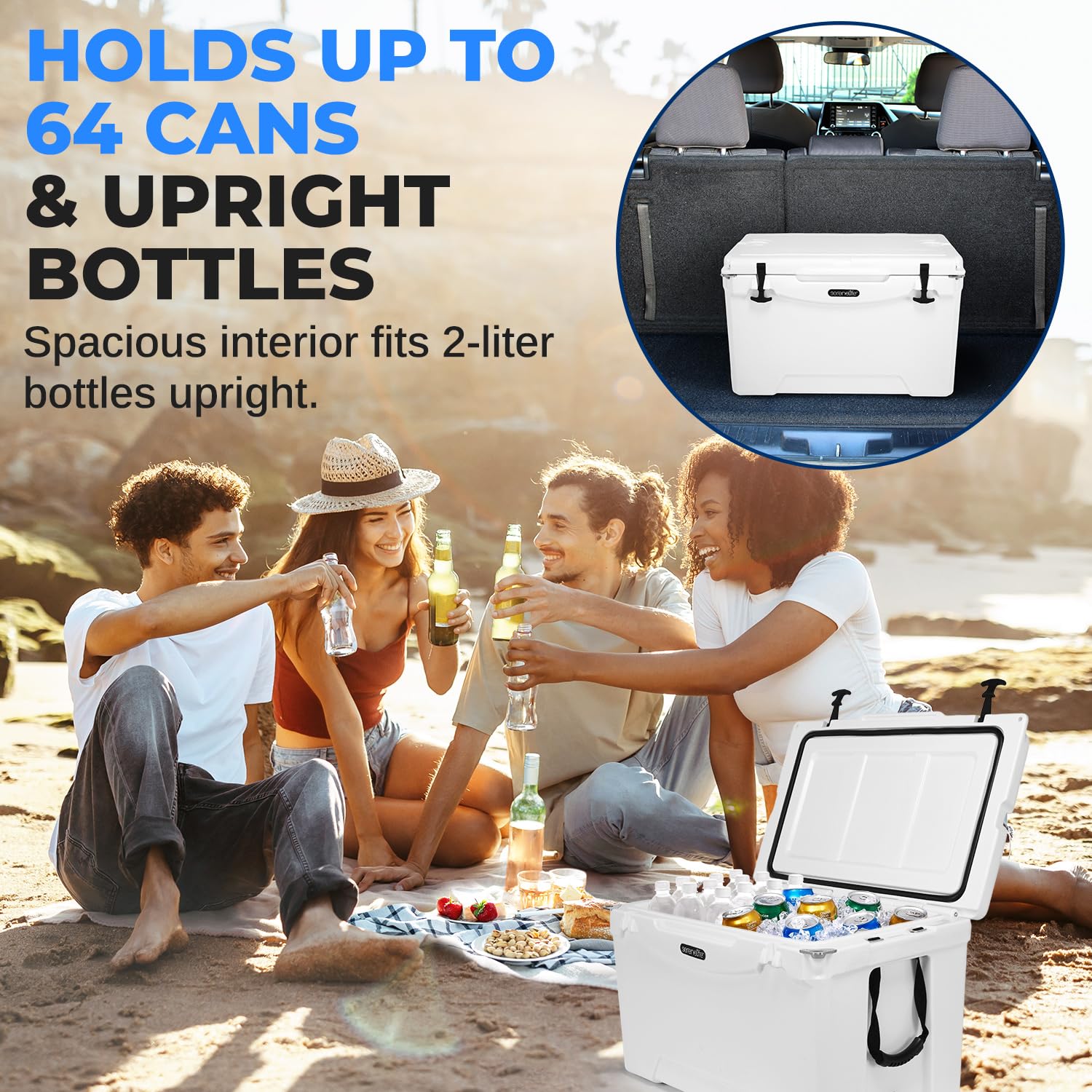SereneLife 50QT cooler with wheels, front view ready for loading gear